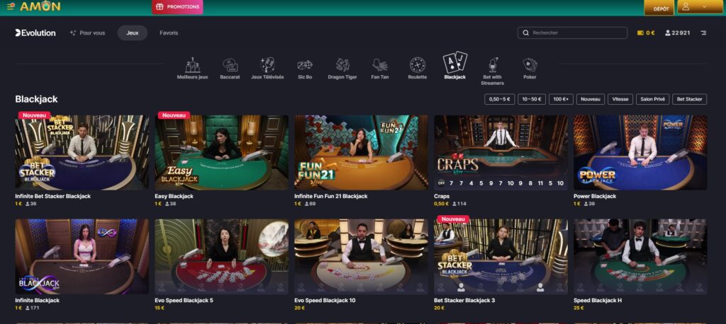Amon casino Live lobby Evolution