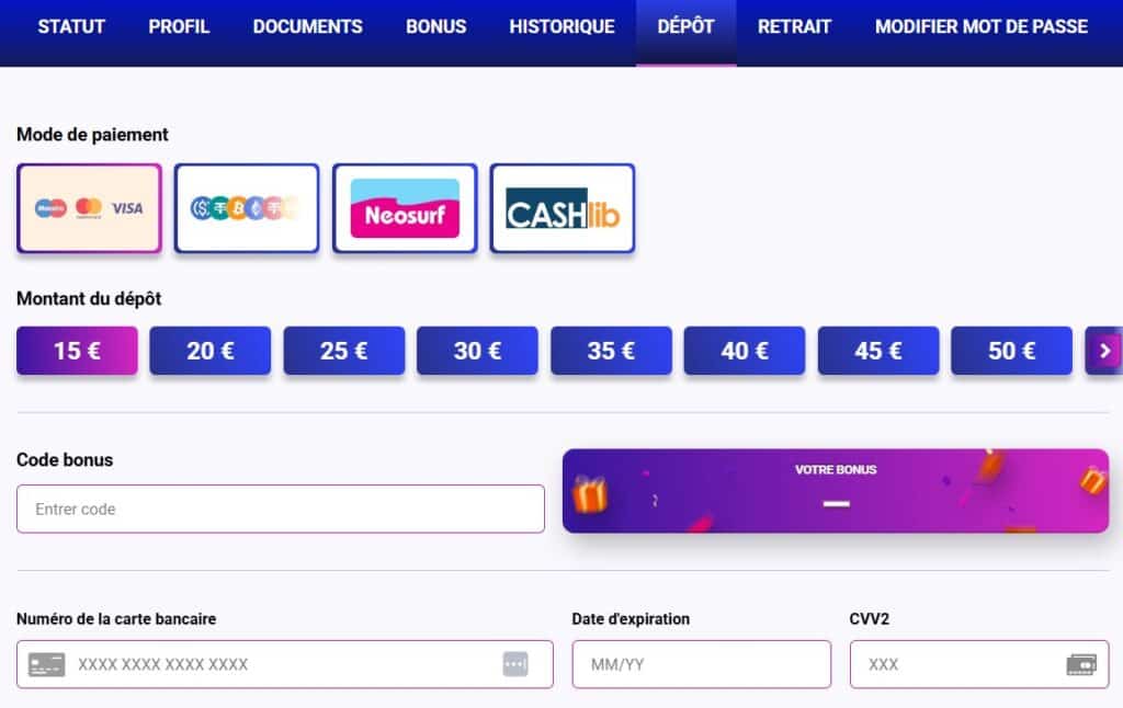 Euroe Fortune casino en ligne dépôt et retraits