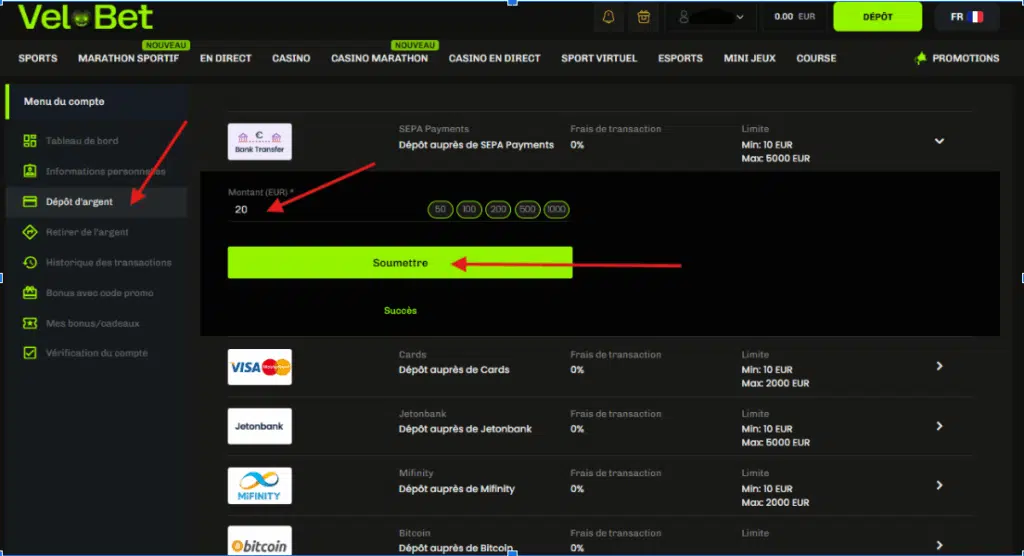 Velobet dépôt d'argent